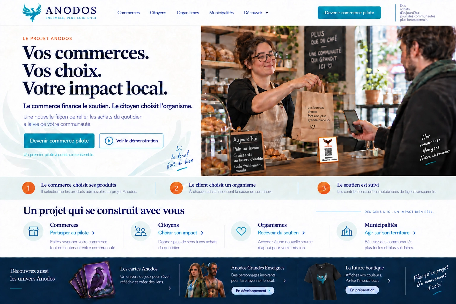 Une commerçante remet un sac à un client qui tient son téléphone. Un présentoir avec le logo Anodos invite à scanner le code QR. Un achat, un choix, un soutien local. Nos commerces. Nos gens. Notre chez-nous.